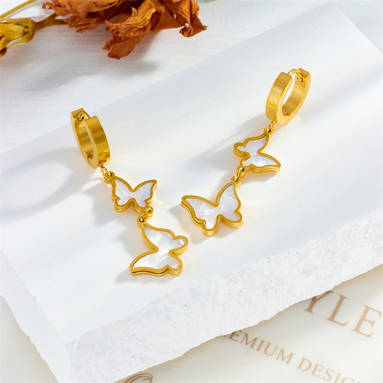 White Shell Butterfly Hoop Earrings